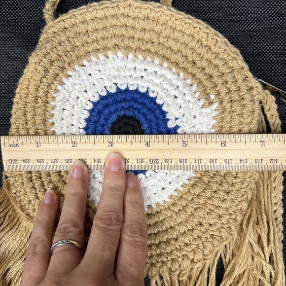 Wayan Natural Wear Round Crochet Evil Eye Shoulder Crossbody Bag Fringe Zip 7" - Picture 9 of 10